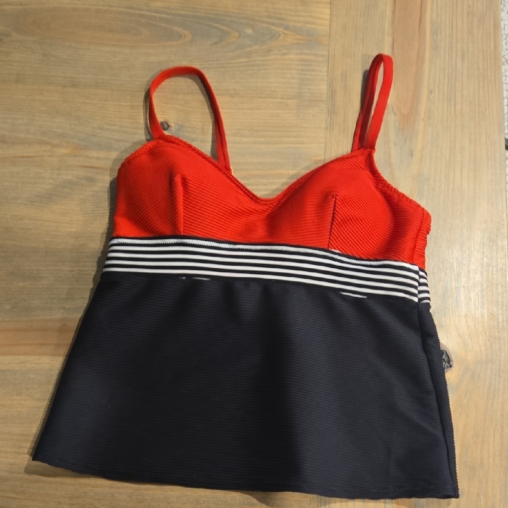 Lands End Rosa Red / Black Striped Regular 10 Sweetheart Tankini SWIM TOP 450339